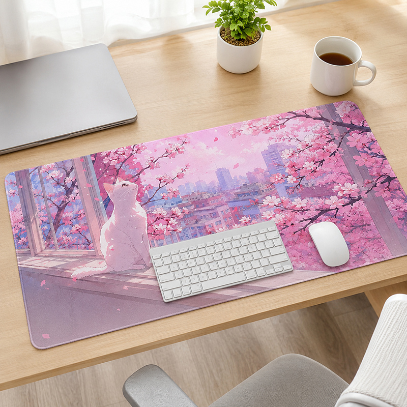 Gaming Mouse Pad Xl - 벚꽃 창문 아래의 흰 고양이 마우스